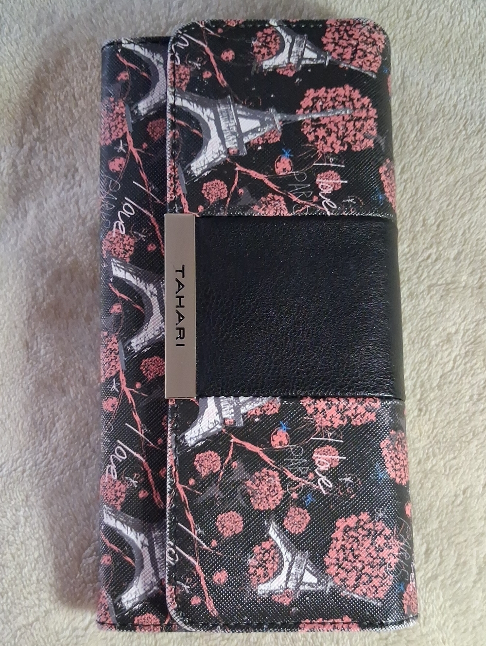 NEW!! Tahari Black and Pink Eiffel Tower Floral Wallet NO TAGS!